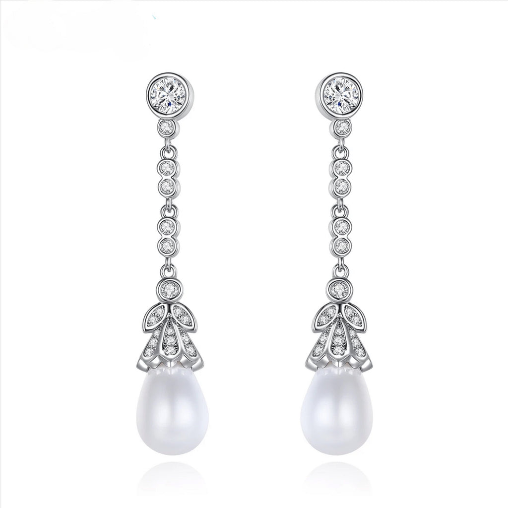 Drop CZ - Pearl Wedding Stud Earrings - Silver