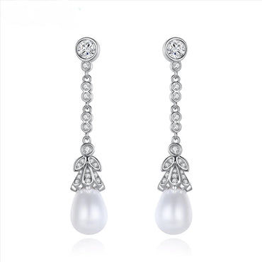 Drop CZ - Pearl Wedding Stud Earrings - Silver