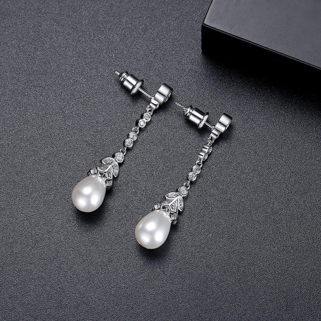 Drop CZ - Pearl Wedding Stud Earrings - Silver