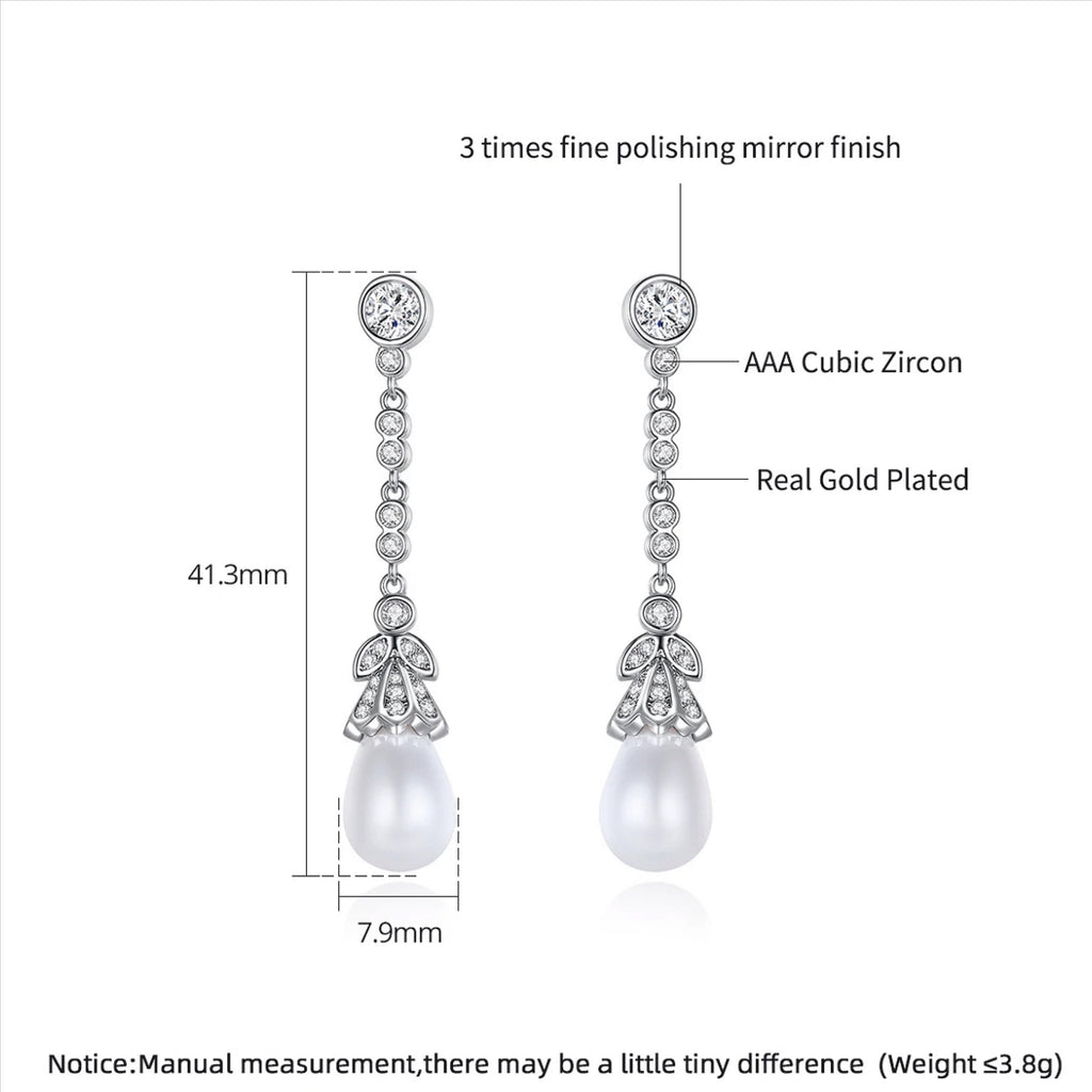 Drop CZ - Pearl Wedding Stud Earrings - Silver