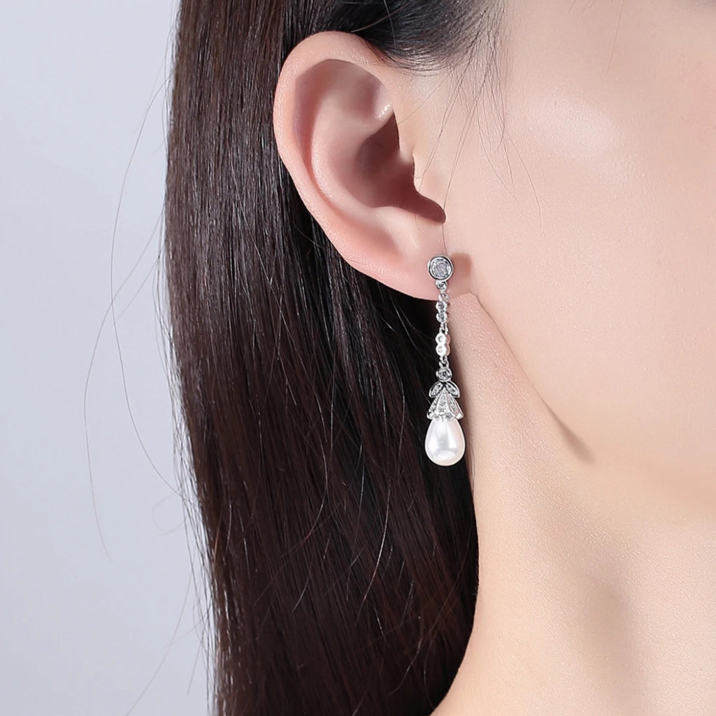 Drop CZ - Pearl Wedding Stud Earrings - Silver