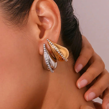 Stainless Steel Hollow Water Drop CZ Chain Stud Earrings - Gold and Silver