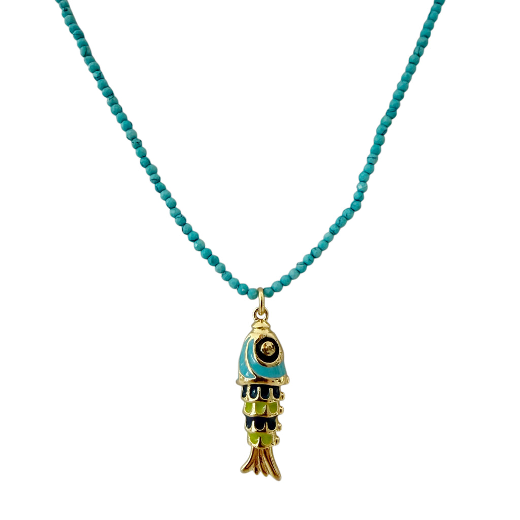 Enamel Fish Gemstone Necklace - Gold