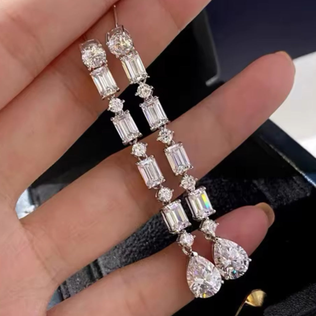 Geometric CZ Drop Long Drop Earrings - Silver