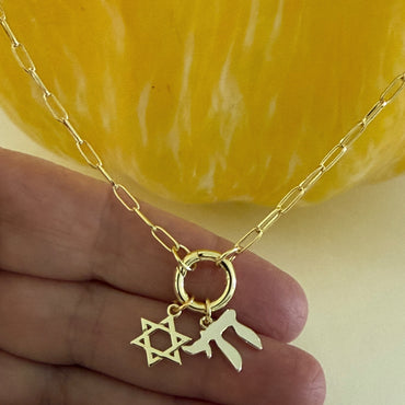 Chai & Star of David Paperclip Chain Necklace – Push Front Clasp
