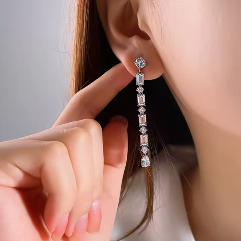 Geometric CZ Drop Long Drop Earrings - Silver