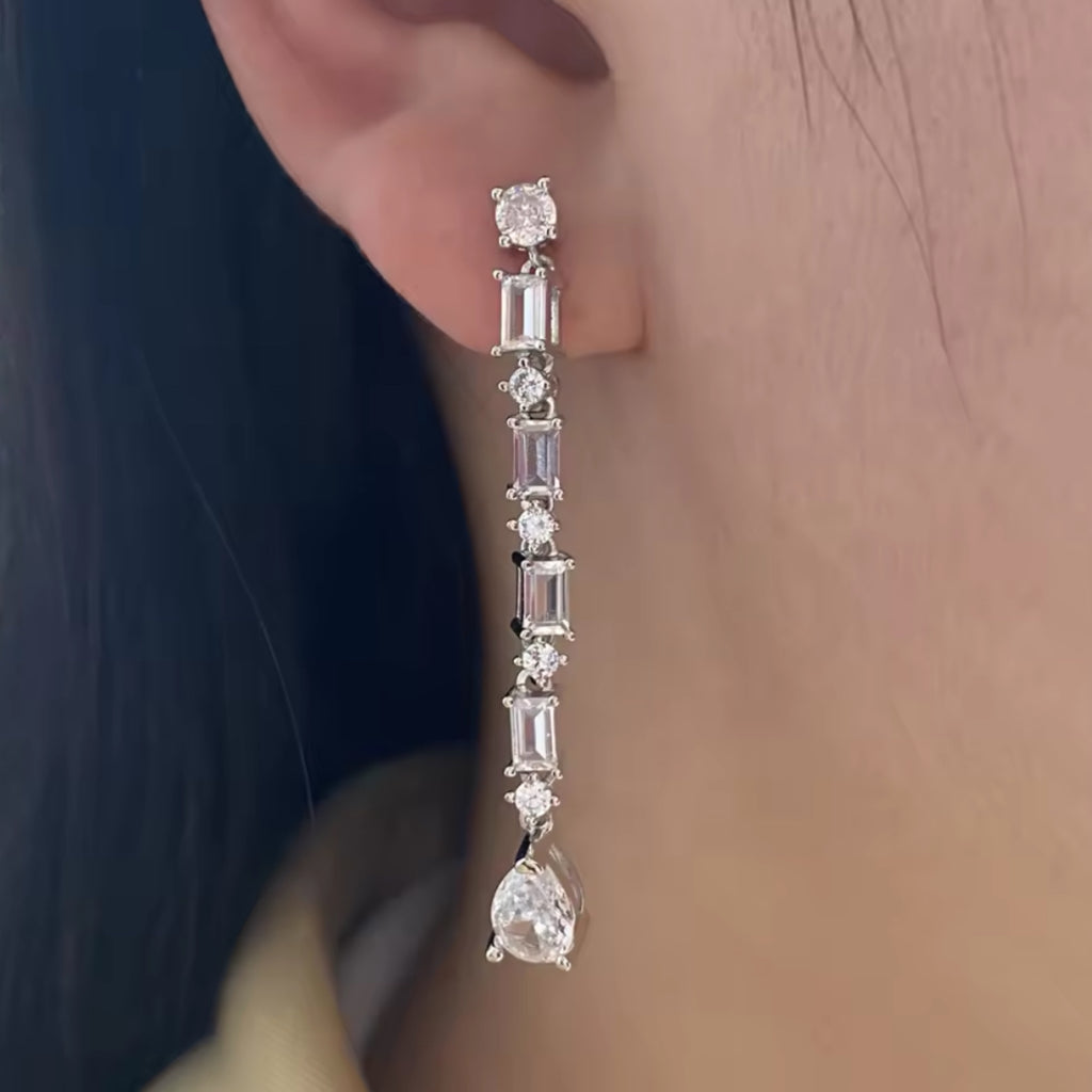 Geometric CZ Drop Long Drop Earrings - Silver