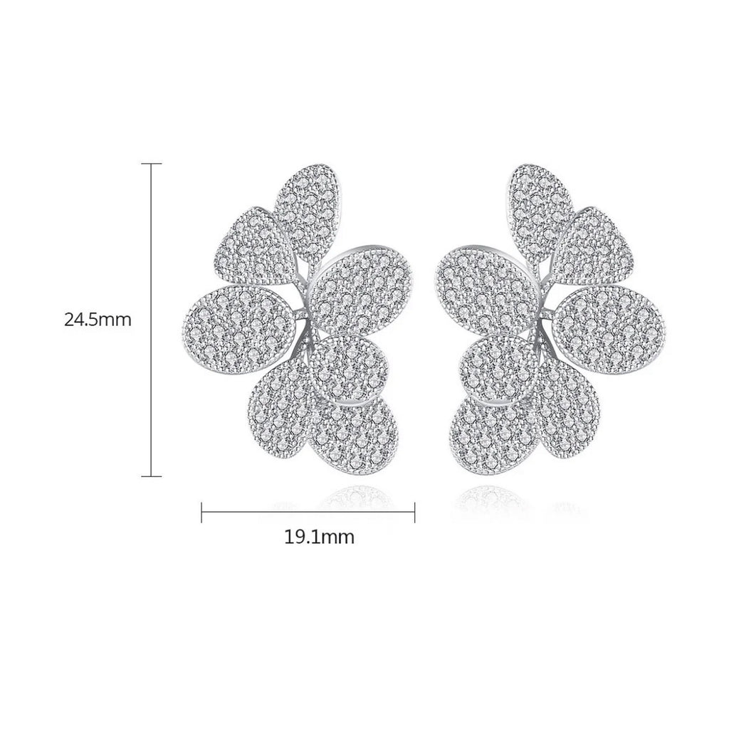 Luxury CZ Leaf Stud Earrings - Silver