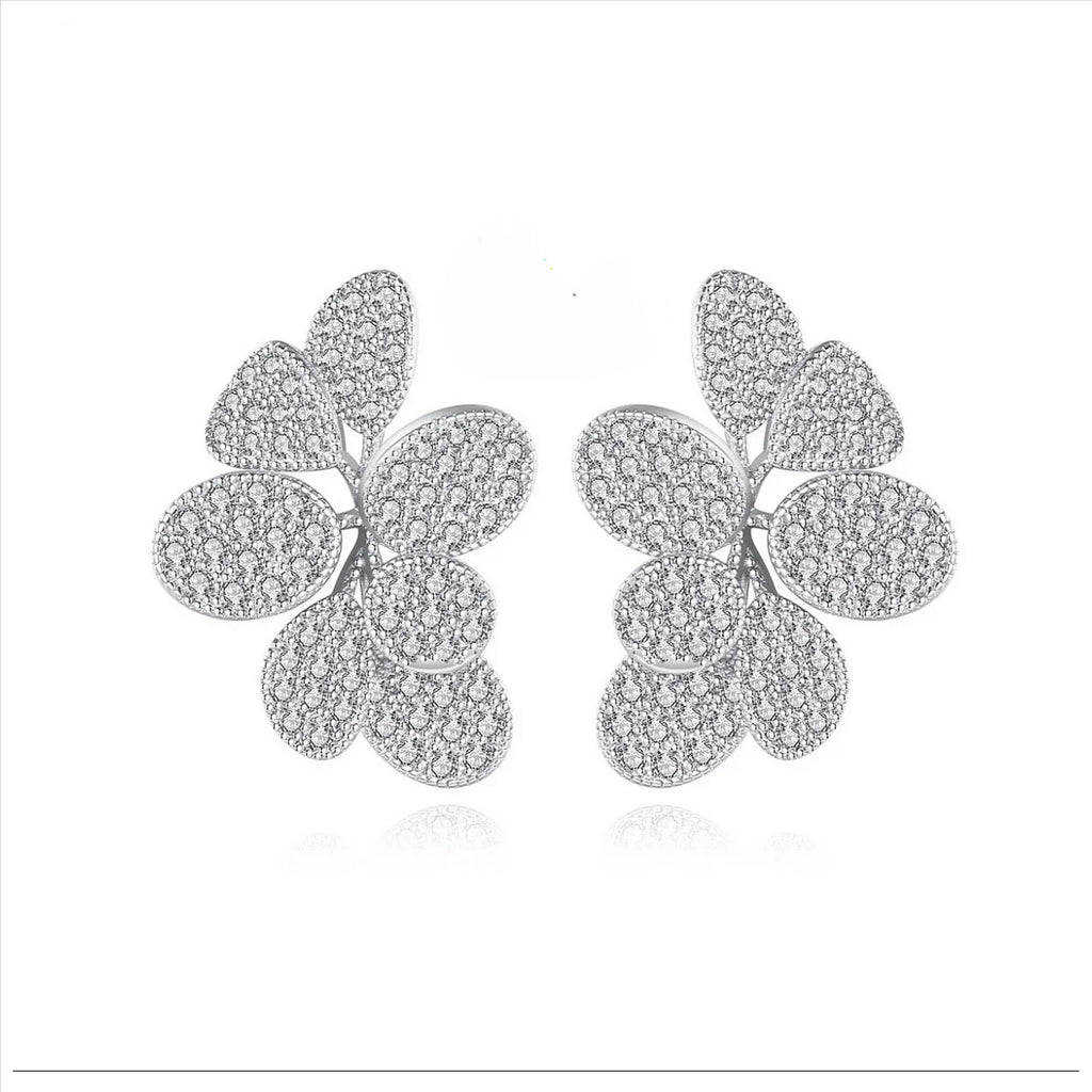 Luxury CZ Leaf Stud Earrings - Silver