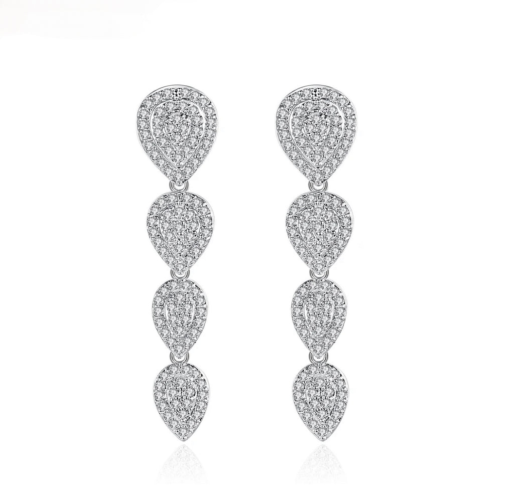 Fancy CZ 3.6 CM Drop Stud Earrings - Silver