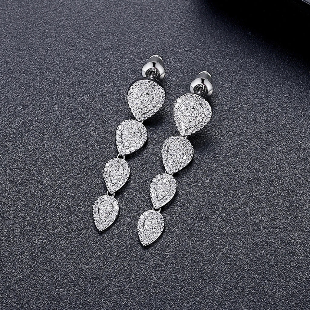 Fancy CZ 3.6 CM Drop Stud Earrings - Silver