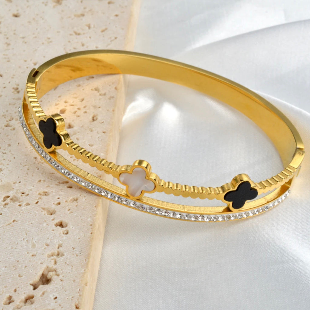 CZ Three Clovers Bangle Bracelet - Gold