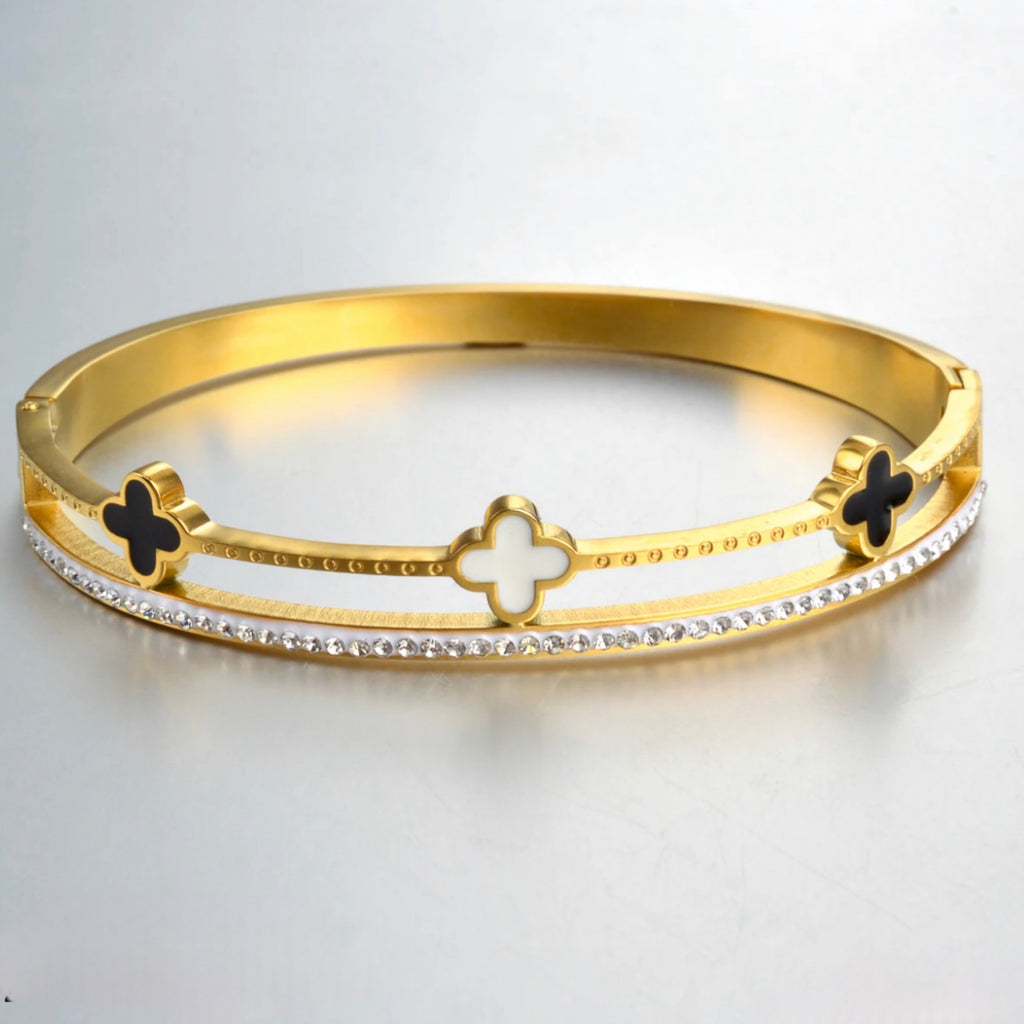 CZ Three Clovers Bangle Bracelet - Gold