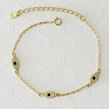 Pave CZ 925 Sterling Silver Evil Eye Bracelet - Gold and Silver