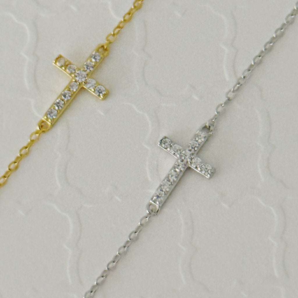 925 Sterling Silver CZ Delicate Cross Charm Bracelet - Gold and Silver