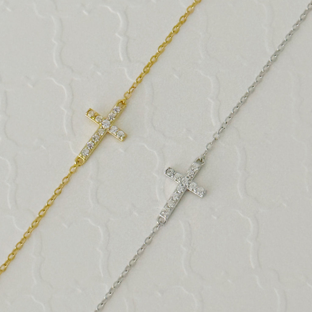 925 Sterling Silver CZ Delicate Cross Charm Bracelet - Gold and Silver