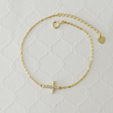 925 Sterling Silver CZ Delicate Cross Charm Bracelet - Gold and Silver