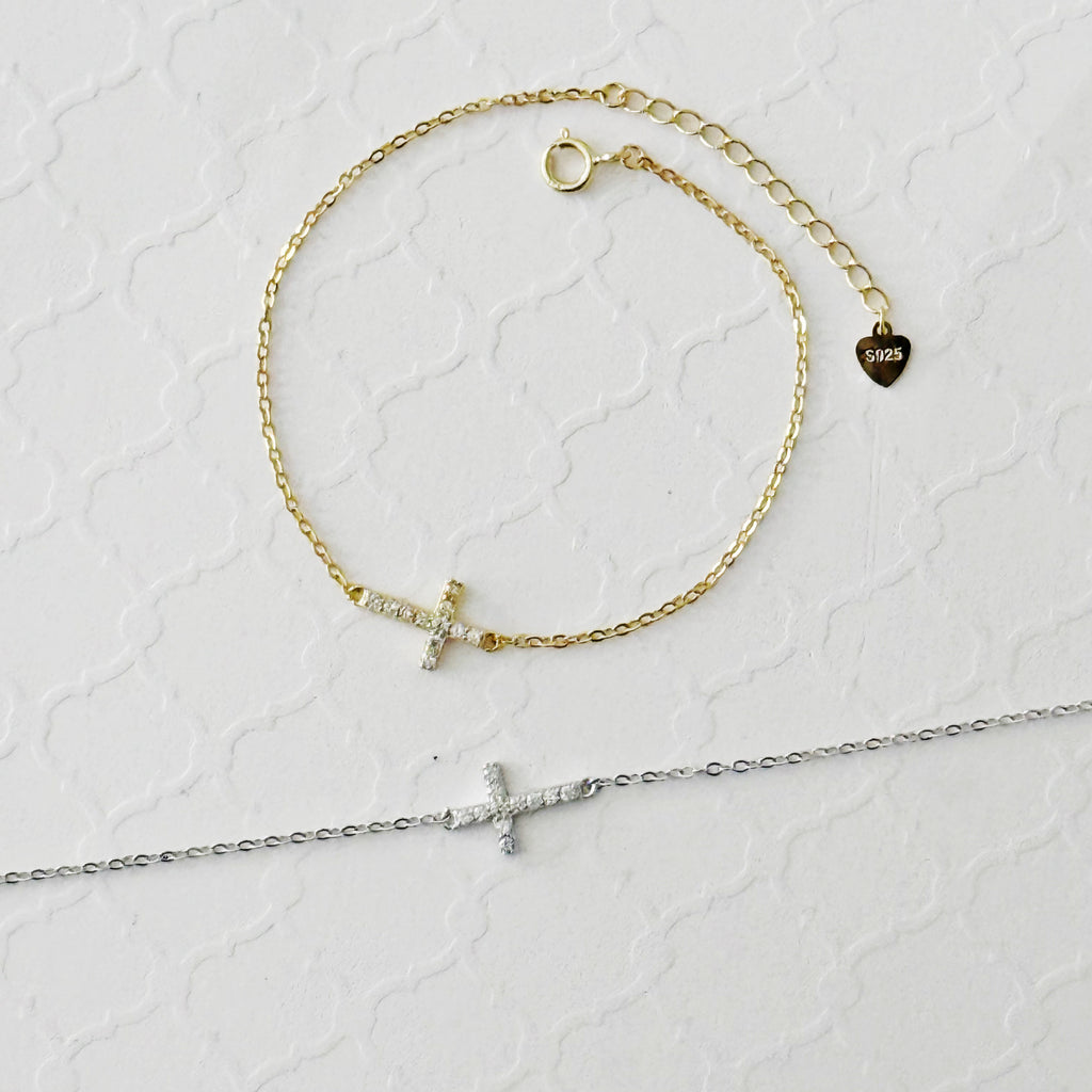 925 Sterling Silver CZ Delicate Cross Charm Bracelet - Gold and Silver