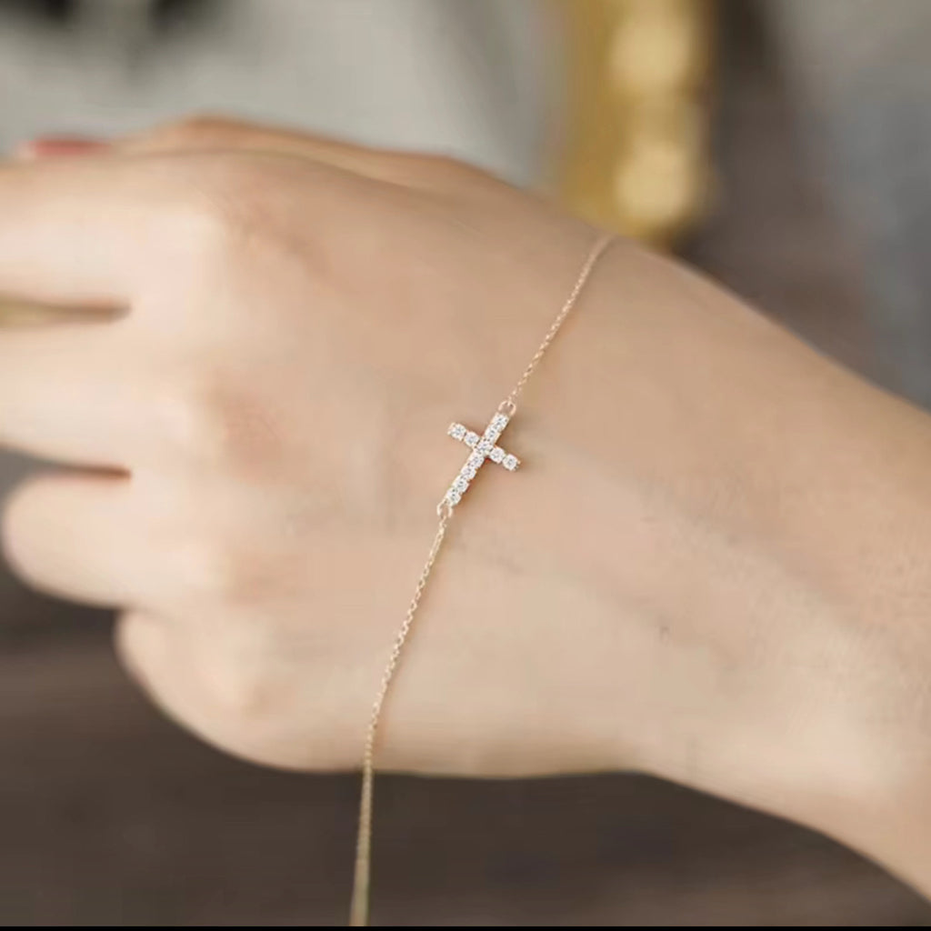 925 Sterling Silver CZ Delicate Cross Charm Bracelet - Gold and Silver