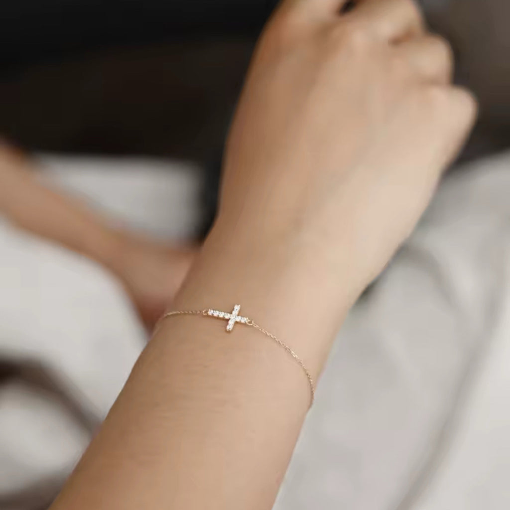 925 Sterling Silver CZ Delicate Cross Charm Bracelet - Gold and Silver