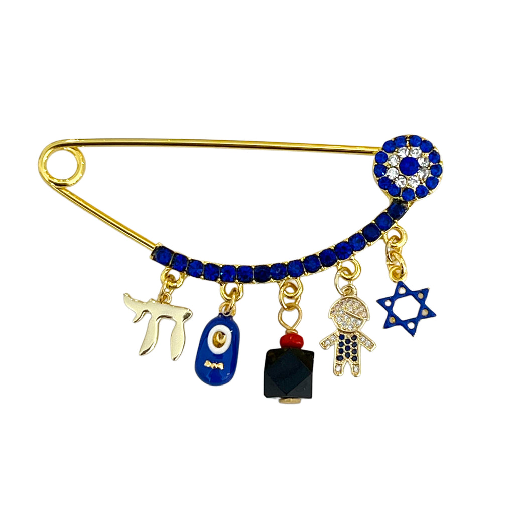 CZ Dark Blue Evil Eye Baby Pin With Genuine Azabache - Gold