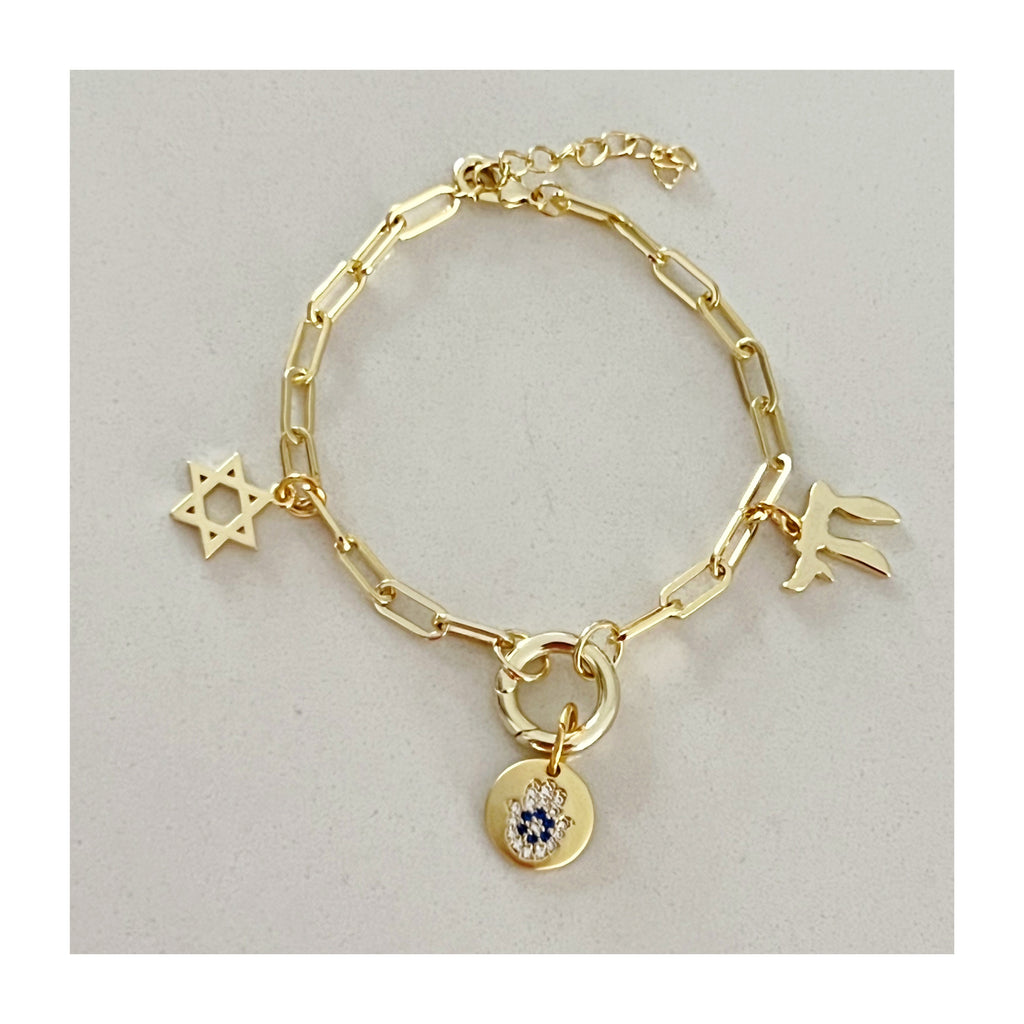 Protective Bracelet with Jewish Star, Hamsa and Chai Charms - Gold