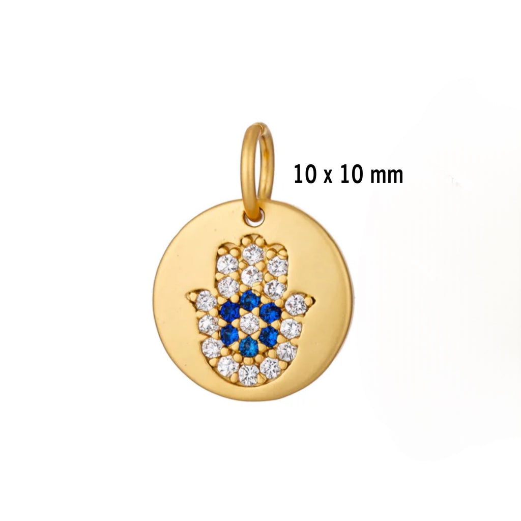 Round CZ Evil Eye Hamsa Charm - Gold