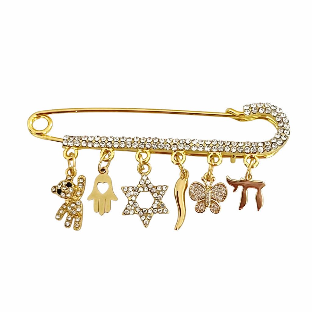 8 CM CZ Baby Pin With Jewish Charms - Gold