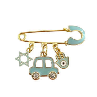 4 CM Enamel Light Blue Baby Pin With A Star of David Charm - Gold