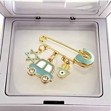 4 CM Enamel Light Blue Baby Pin With A Star of David Charm - Gold