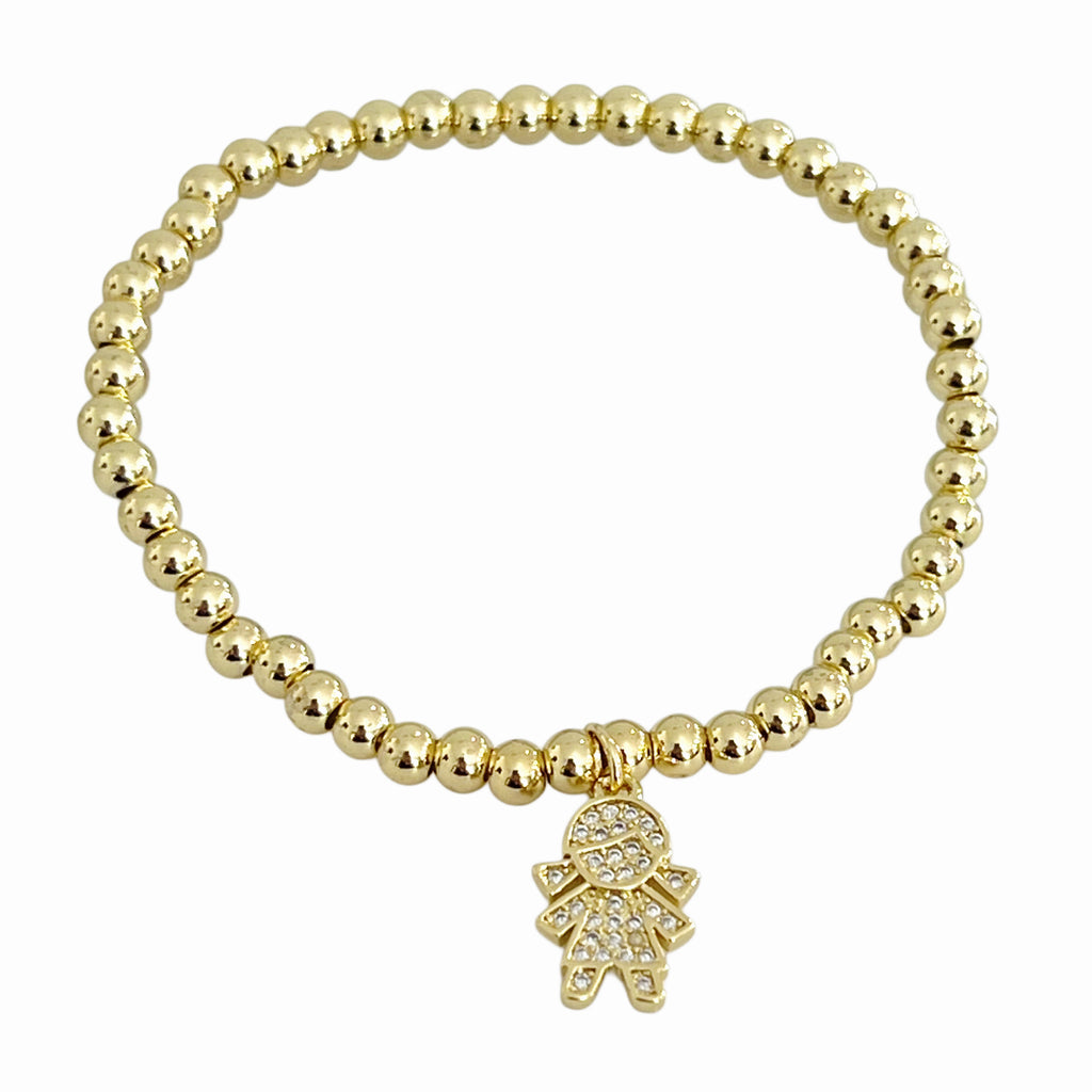 CZ Boy and Girl Beaded Stretch Bracelet - 14K Gold Plated