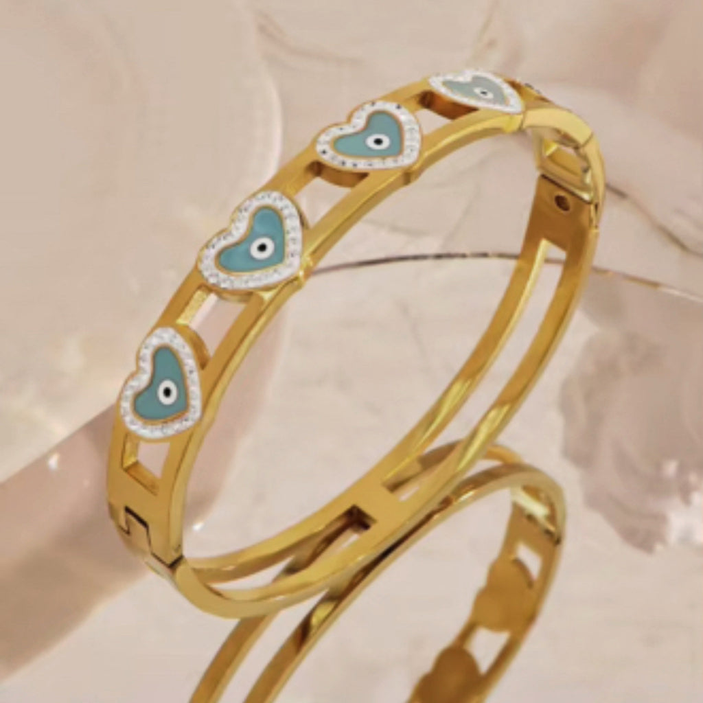 Stainless Steel Heart Shape Evil Eye Bangle - Gold