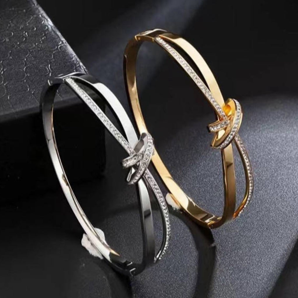 CZ Cross Knotted Bangle Bracelet - Gold and Silver