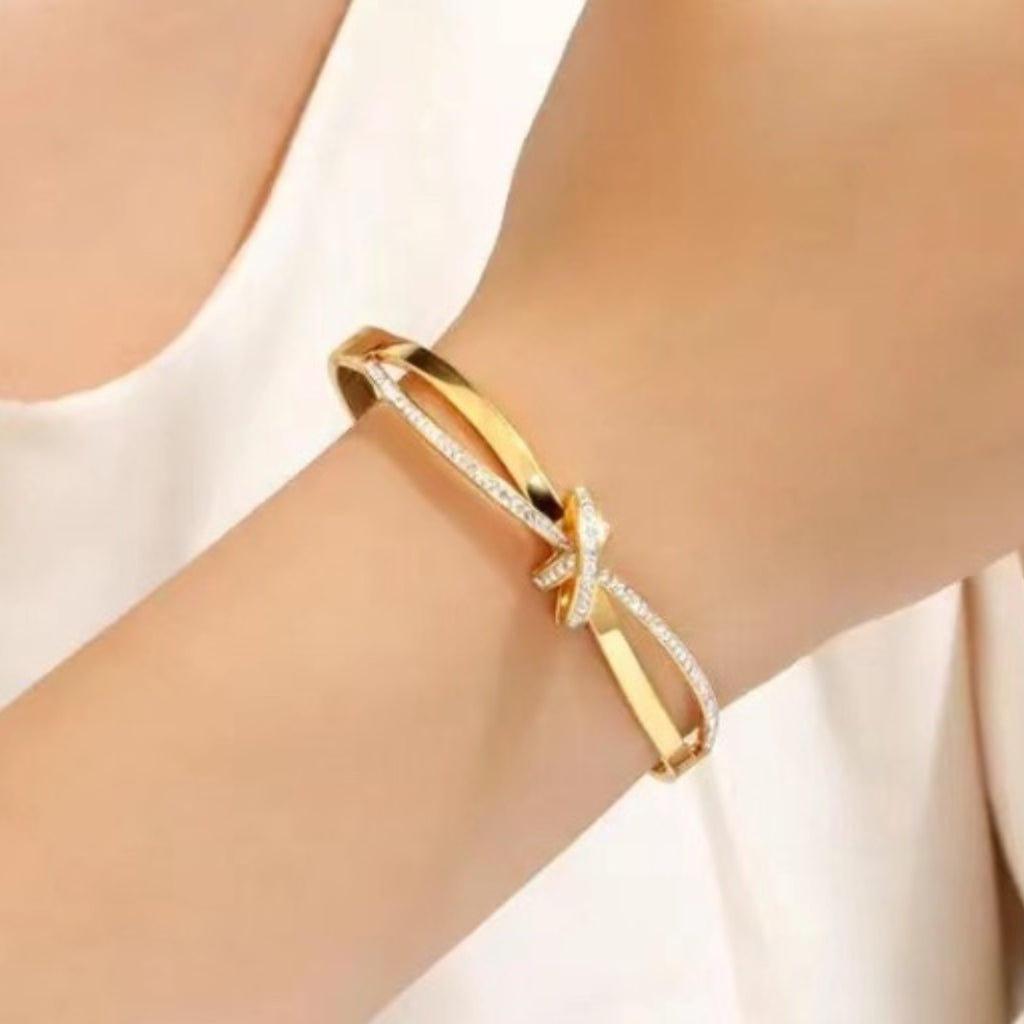 CZ Cross Knotted Bangle Bracelet - Gold and Silver