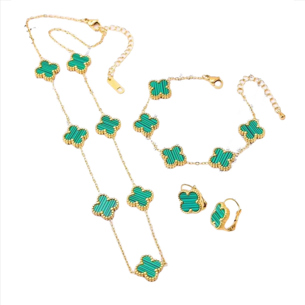 Stainless Steel Doble Side Enamel Clover Set - Necklace, Bracelet and Earrings) - Gold