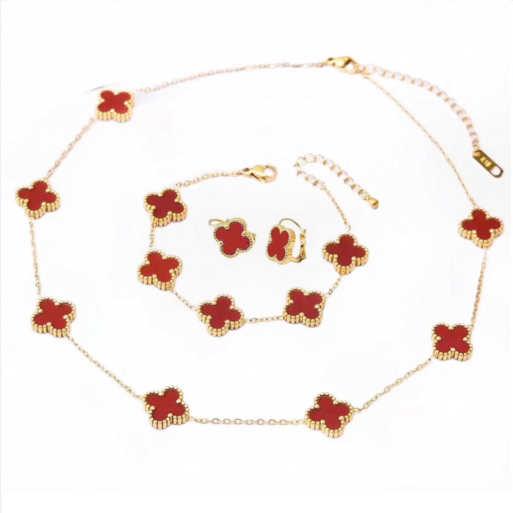 Stainless Steel Doble Side Enamel Clover Set - Necklace, Bracelet and Earrings) - Gold