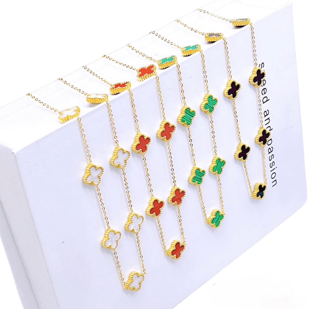 Stainless Steel Doble Side Enamel Clover Set - Necklace, Bracelet and Earrings) - Gold