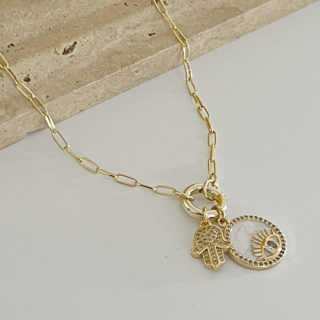 Evil Eye Hamsa Charms Necklace - Gold