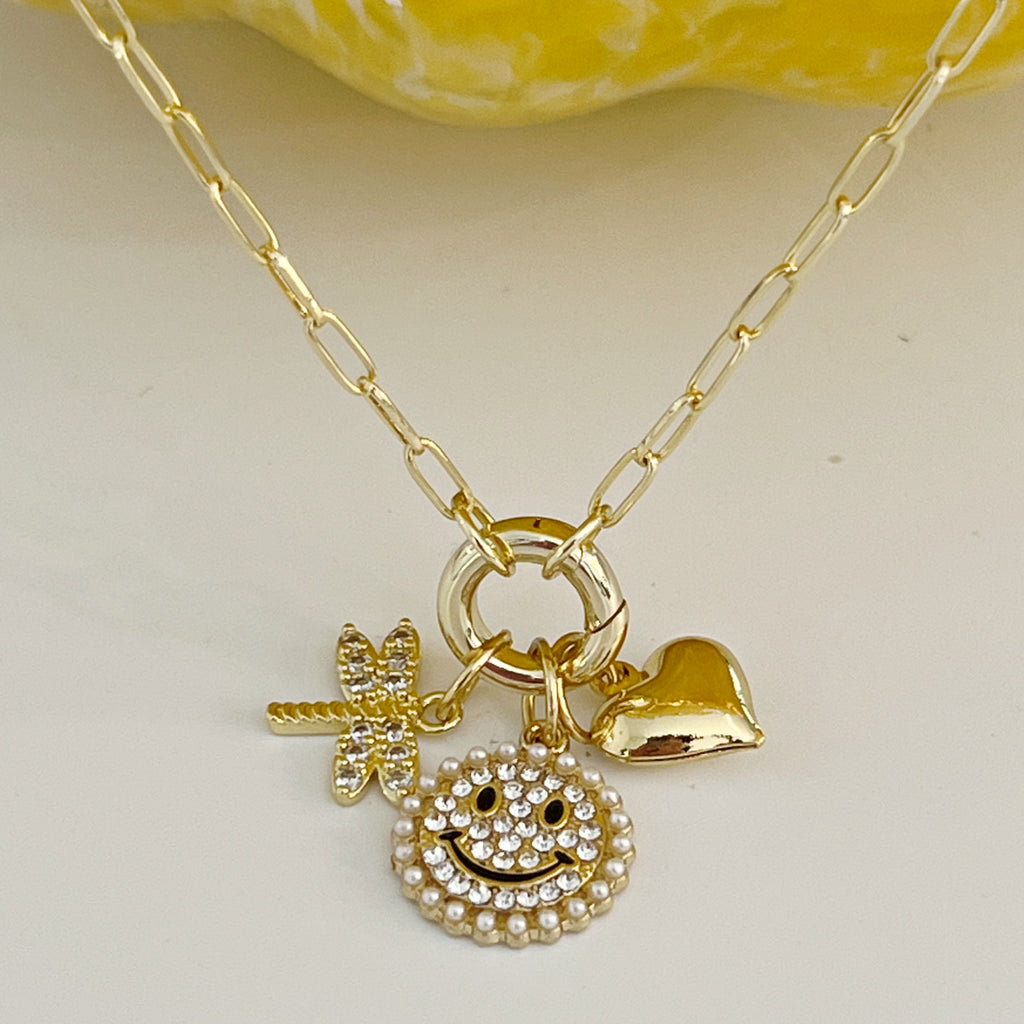 Happy Face/Dragon-Fly Charms Necklace - Gold