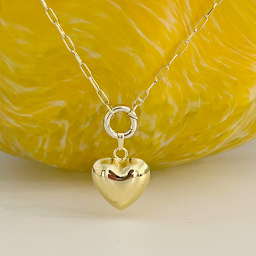 Puffed Heart Charm Necklace - Gold