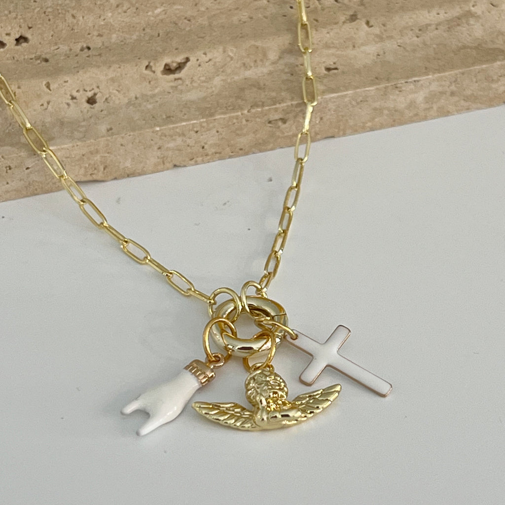 Triple Protection Necklace with Guardian Angel Charm - Gold