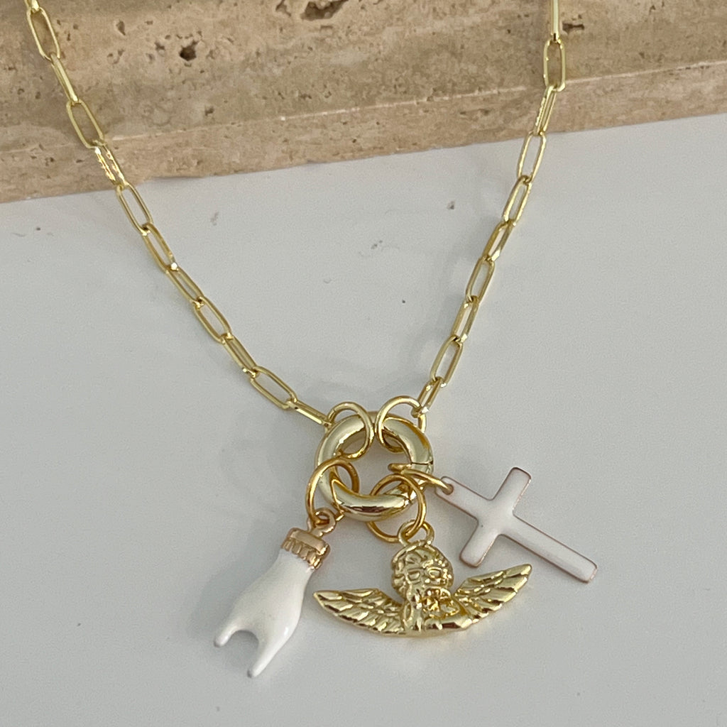 Triple Protection Necklace with Guardian Angel Charm - Gold