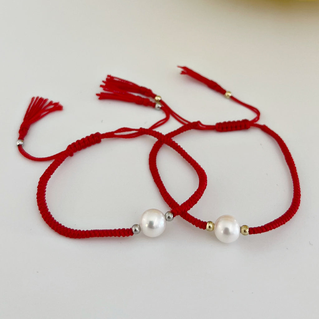 Red String Freshwater Pearl Bracelet - Gold or Silver