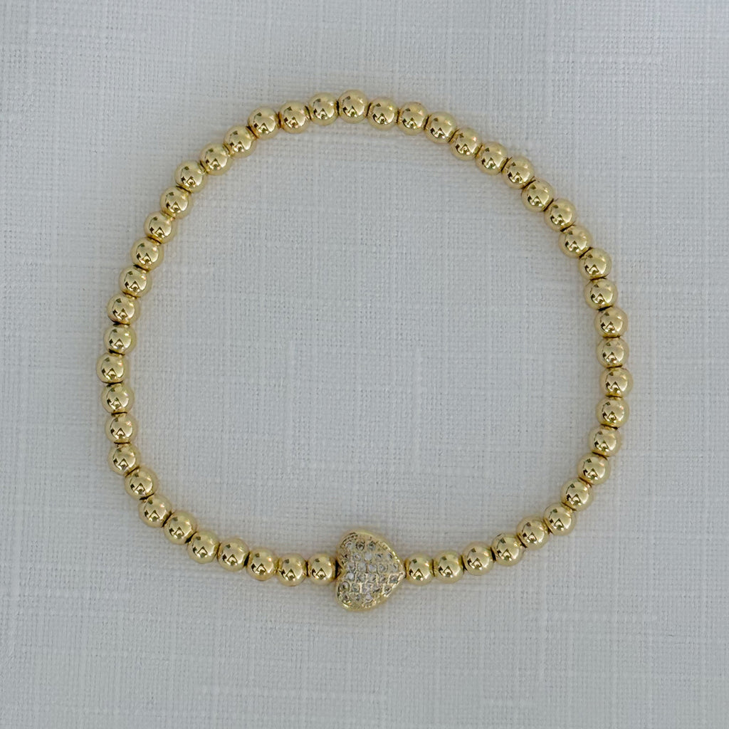 Stretch Beaded CZ Heart Bracelet - Gold