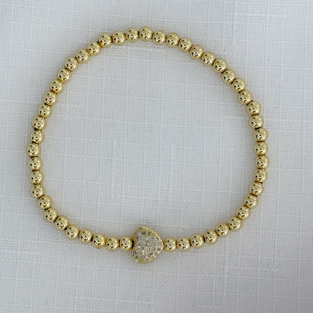 Stretch Beaded CZ Heart Bracelet - Gold