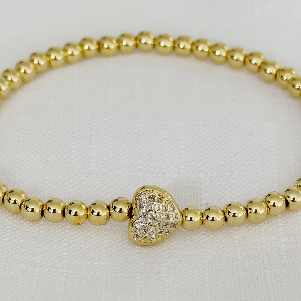 Stretch Beaded CZ Heart Bracelet - Gold