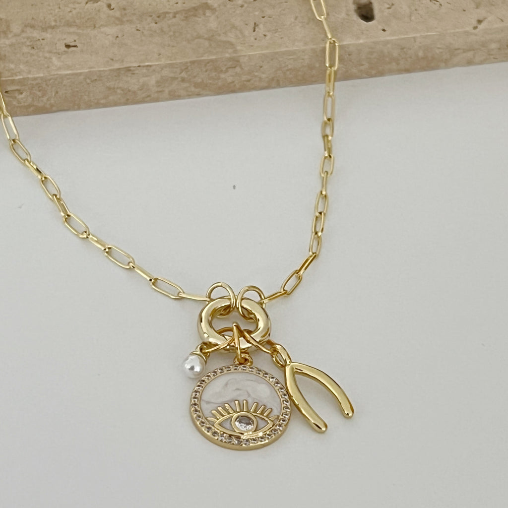 Wishbone and Evil Eye Charms Necklace - Gold