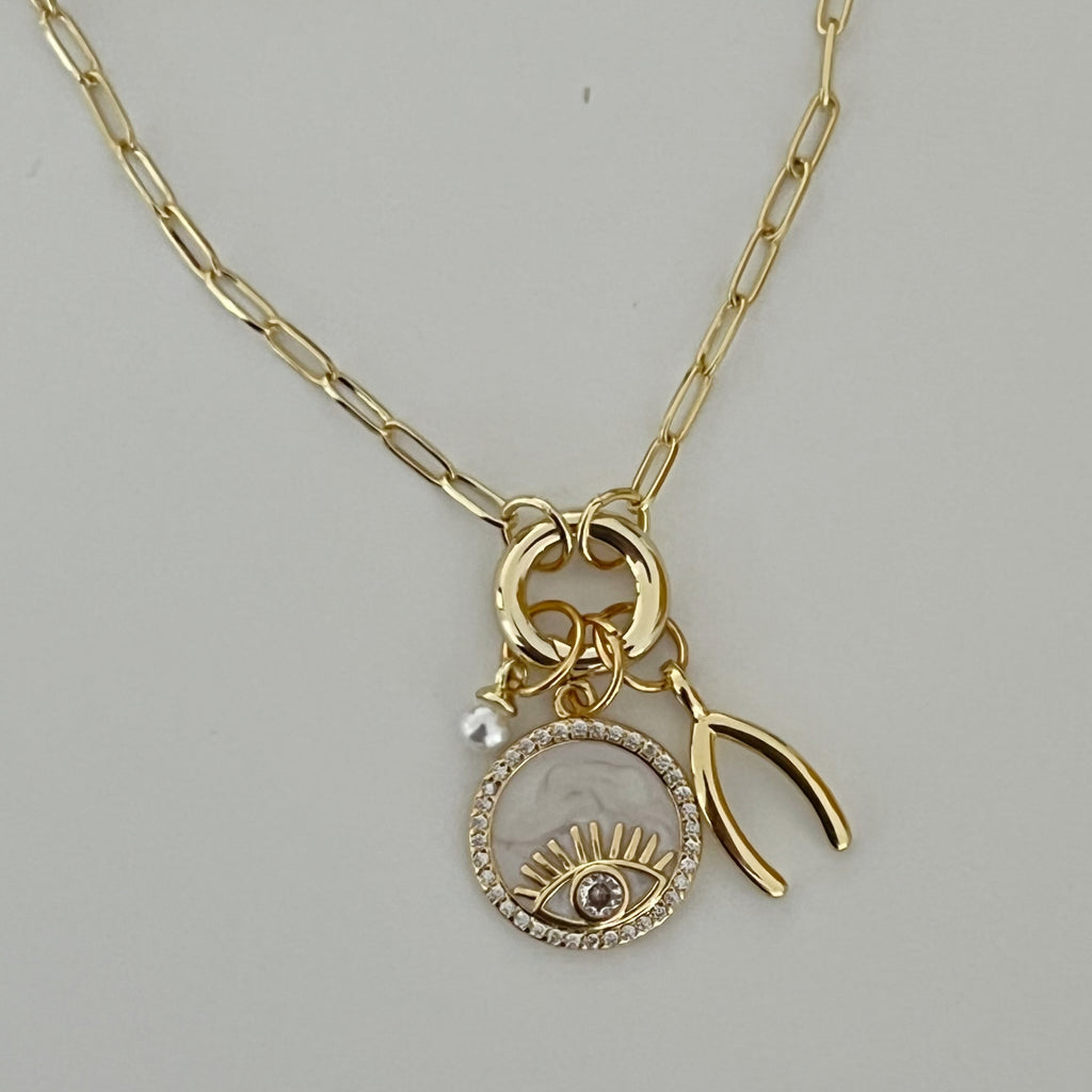 Wishbone and Evil Eye Charms Necklace - Gold