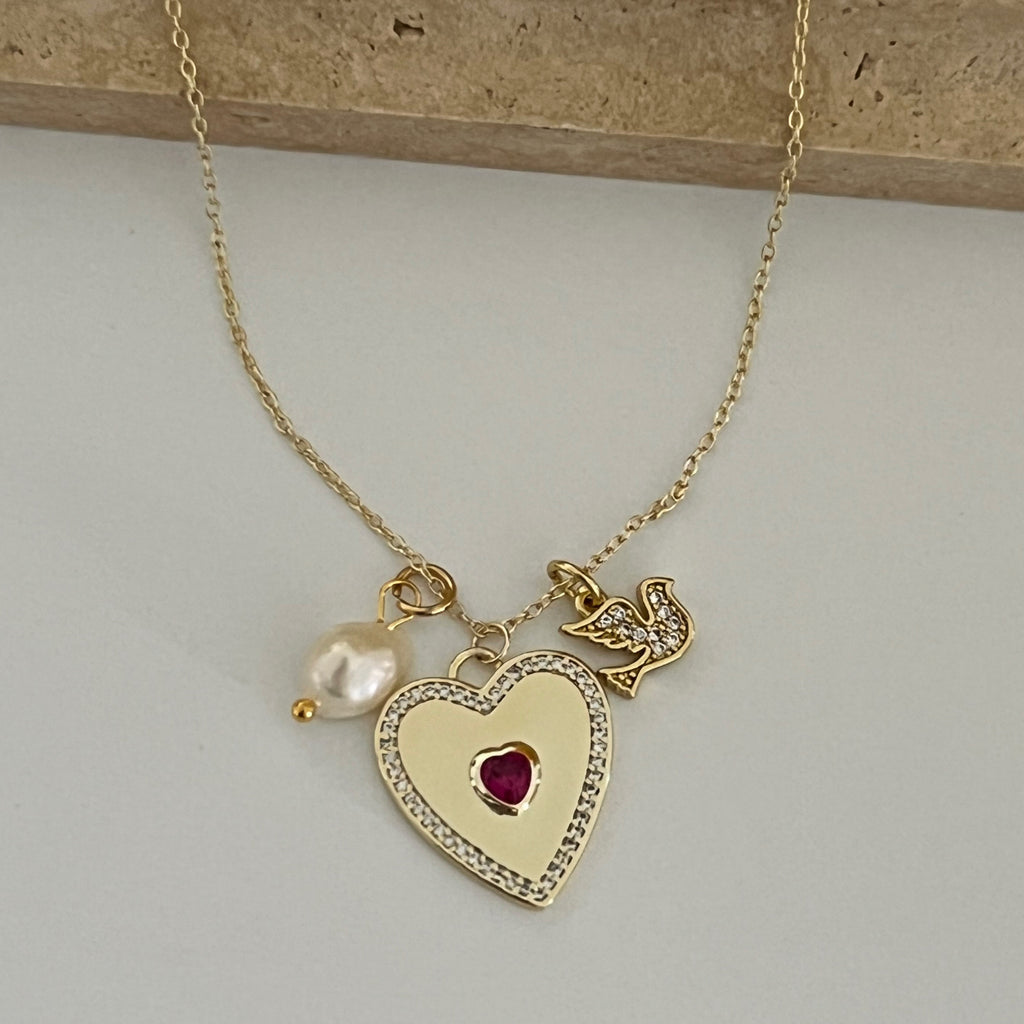 925 Sterling Silver Heart & Bird Necklace - Gold