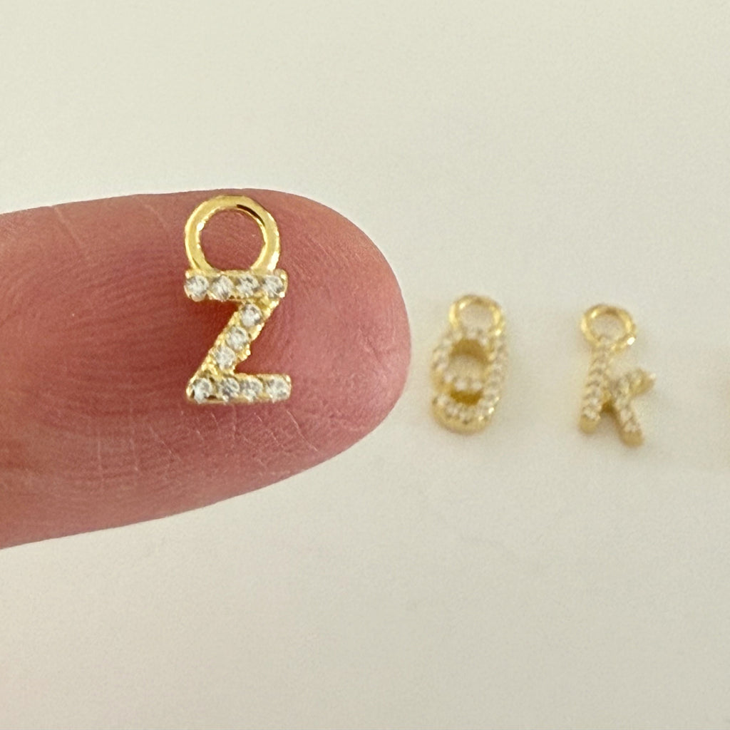 925 Sterling Silver CZ Tiny Letter Charm - 18K Gold Plated